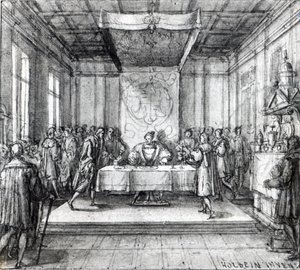 Henry VIII i sitt private kammer (penn, blekk og vask på papir) av Hans Holbein der Jüngere
