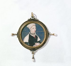 Jane Small, tidligere kjent som Mrs. Robert Pemberton, ca. 1540 (wc på vellum montert på spillekort) (detalj av 14732) av Hans Holbein der Jüngere