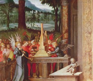 Jomfru, barn og hellige detalj av engler som spiller orgel, 1519 olje på eik