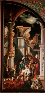 Altertavle Oberried: "The Adoration of Shepherds"" Detrempe på tre av Hans Holbein den unge (1497/8-1543) 1521-1522 Søn. 231x109 cm Cathedrale de Fribourg, Sveits av Hans Holbein der Jüngere