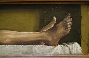 The Body of the Dead Christ, detalj av føttene og signatur og dato for verket, 1521 tempera på limewood av Hans Holbein der Jüngere