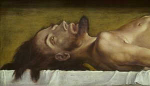 The Body of the Dead Christ, detalj av hodet, 1521 tempera på limewood