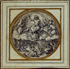 The Last Judgment - Design for et anheng eller hattemerke, ca. 1532-43 (penn og blekk på papir) av Hans Holbein der Jüngere