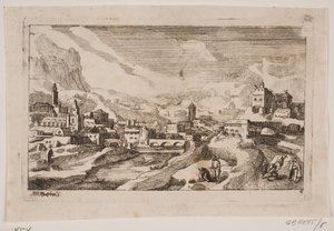 Fjelllandskap med den barmhjertige samaritan i forgrunnen av Hans Jørgen Kirksteen