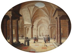 Et klassisk palassinteriør med Moses som forvandler faraos septer til en slange (olje på panel) av Hans Juriaensz. van Baden