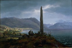 Frithjof-minnesteinen på Leikanger ved Balestrand i Soon (olje på lerret) av Hans Leganger Reusch