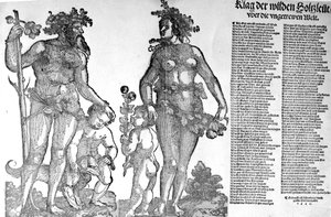 Bredside om tilbaketrekningen av skogens ville menn fra en verden som har endret seg til det verre, tresnitt laget av Hans Guldenmund, 1545
