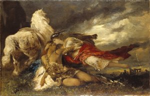 Valkyrie et un heros mourant - Valkyrie and a Dying Hero, av Makart, Hans (1840-1884). Olje på lerret. Mål: 130x200 cm. Nationalmuseum Stockholm av Hans Makart