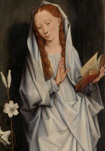 Detalj av jomfruen, fra baksiden av et par vinger som viser kunngjøringen (olje på panel) av Hans Memling
