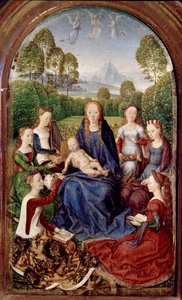 Diptyk av Jean du Cellier: Jomfru og seks helgener (olje på panel av Hans Memling