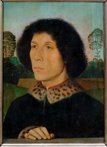 Mannlig portrett med landskap (peste) av Hans Memling