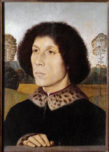 Portrett av en ukjent mann i et landskap (olje på tre av Hans Memling