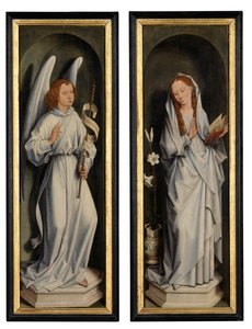 Baksiden av et par vinger som viser kunngjøringen (olje på panel) av Hans Memling