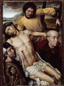 Nedstigningen av korset (avsetning). Jesu Kristi legeme bæres av tre menn, inkludert Josef av Arimathia (til venstre) og Nikodema (til høyre). Maleri av Hans MEMLING (1433-1494), år 1470. Flamsk kunst. Olje på tre. Granada, kongelig kapell. av Hans Memling