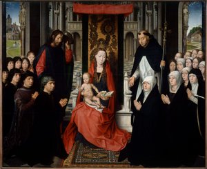Jomfruen og barnet mellom Saint James og Saint Dominica presenterer givere eller jomfruen til Jacques Floreins. Maleri av Hans Memling (1435-1494) (ec.flam.) 1400-tallet søn. 1,3x1,6 m av Hans Memling