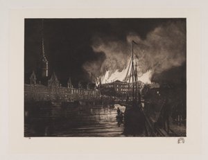 Christiansborg slott i flammer av Hans Nikolaj Hansen