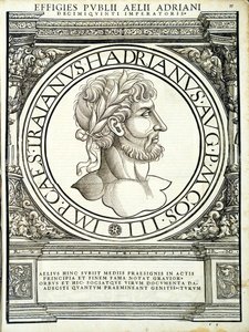 Aelius Hadrianus, illustrasjon fra de romerske keiserne i hele øst og vest, de sanneste bildene av gamle mynter, tresnitt av Rudolph Wyssenbach, trykt av Andreas Gesner, Zuri av Hans Rudolf Manuel Deutsch