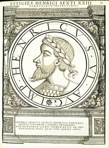 Henry VI, illustrasjon fra de mest autentiske bildene av de gamle romerske keiserne i øst og vest, tresnitt av Rudolph Wyssenbach, trykt av Andreas Gesner, Zürich, 1 av Hans Rudolf Manuel Deutsch