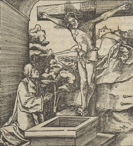 En mann som ber foran et krusifiks, fra Hymmelwagen auff dem, wer wol Leben..., 1517. av Hans Schäufelein the Elder