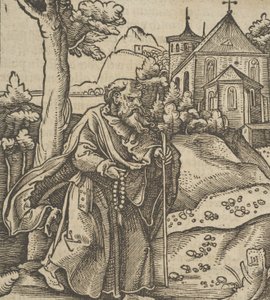 En gammel pilegrim som går til høyre, fra Hymmelwagen auff dem, wer wol Leben..., 1517. av Hans Schäufelein the Elder