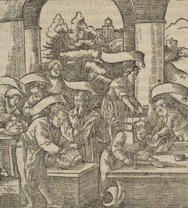 The Making of Armours, fra Hymmelwagen om hvem som lever godt..., 1517. av Hans Schäufelein the Elder