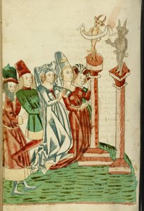 En gruppe menn og kvinner tilber to idoler, 1469 (blekk, vask og tempera på papir)