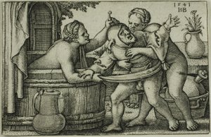 Buffoon og to badende kvinner av Hans Sebald Beham