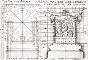 Tverrsnitt av korintisk hovedstad og proporsjonal tegning av Hans Sebald Beham