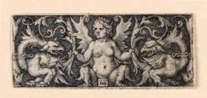 Frise med bevinget kvinneskikkelse og to groteske haner av Hans Sebald Beham