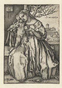 Mary med barn og papegøye og pære av Hans Sebald Beham