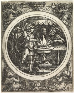 Mucius Scaevola holder hånden i ilden, ca. 1520. av Hans Sebald Beham