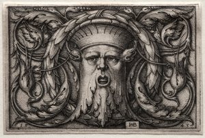 Ornament of Satyrs Head and Wreath, 1543. av Hans Sebald Beham