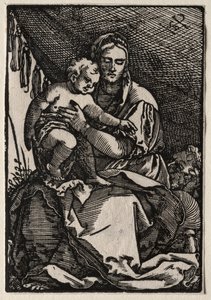 Den hellige familie under et telt av Hans Sebald Beham