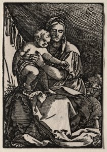 Den hellige familie under et telt. av Hans Sebald Beham