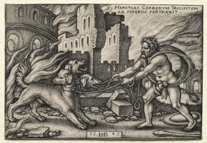 The Labors of Hercules: Hercules som drar Cerberus fra underverdenen av Hans Sebald Beham