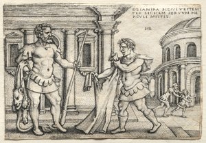 The Labors of Hercules: Hercules mottar plagget gjennomsyret av Nessus Blood, 1542. av Hans Sebald Beham