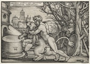 The Labors of Hercules: Hercules Strangling the Nemean Lion av Hans Sebald Beham