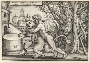 The Labors of Hercules: Hercules Strangling the Nemean Lion av Hans Sebald Beham