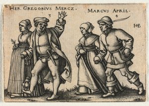 Bondebryllupet eller de tolv månedene: 3-Hennes Gregorius Mercz 4-Marcus april, 1546. av Hans Sebald Beham