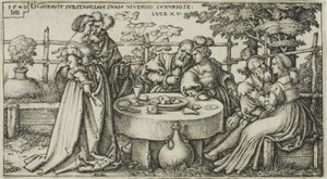 The Prodigal Son Wasting his Fortune, plate to fra The History of the Prodigal Son av Hans Sebald Beham