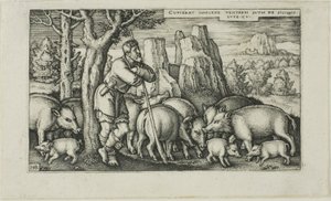 The Prodigal Son with the Swine, plate tre fra The History of the Prodigal Son av Hans Sebald Beham