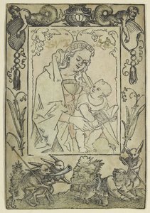 Jomfruen og barnet omgitt av en kant med en jeger og noen kaniner (tresnitt, overarbeidet i akvarell, trykt på pergament) av Hans Sebald Beham
