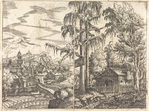 Landskap med utsikt over en bondehytte og en by nær en elv, 1551.