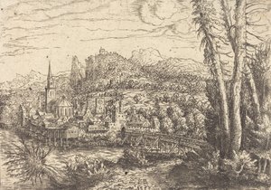 Utsikt over en by nær en elv, 1553. av Hans Sebald Lautensack