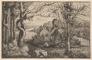 Utsikt over en elv, med et slott på en øy, 1553.