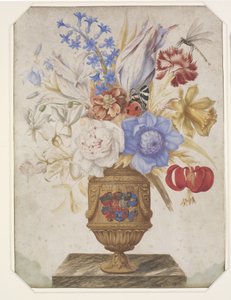 Blomster i forgylt vase med Holstein-Gottorps våpenskjold. av Hans Simon Holtzbecker