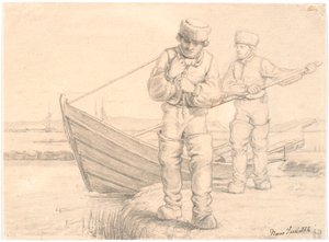 To limfjordsfiskere trekker en båt av Hans Smidth