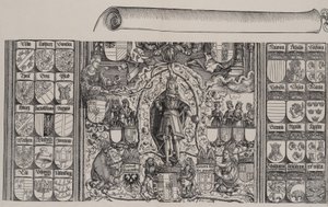 Den øvre delen av Genealogien til Maximilian, med høyre kant av rullen for ..., 1515.