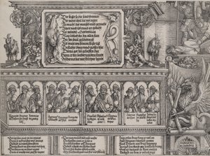 Den øvre delen av den venstre portalen, med inskripsjonen på et løveskinn, en frise med B..., 1515.