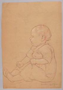 Studie av et sittende barn, verso: en gammel mann sittende på en stein av Hans Thoma